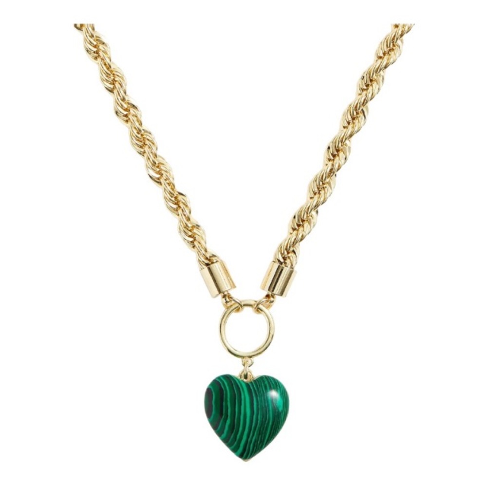 Gold Rope Chain Necklace with Green Heart Pendant